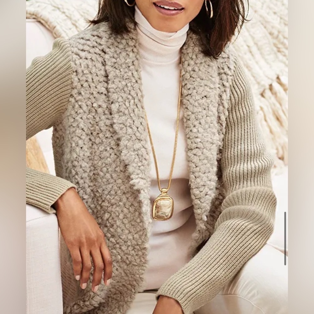 Chicos Textured Knit Open Front Cardigan Sweater Cream Wool Blend Women’s Size 1